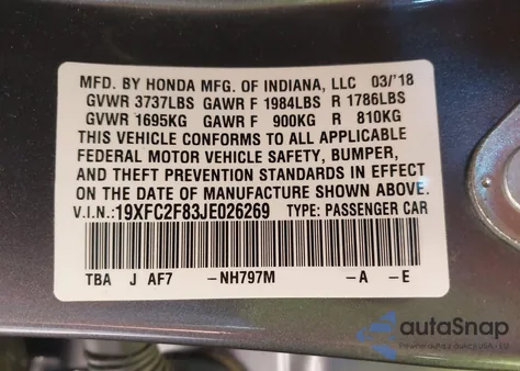 2018 Honda Civic Ex z USA, uszkodzony, nr VIN 19XFC2F83JE026269